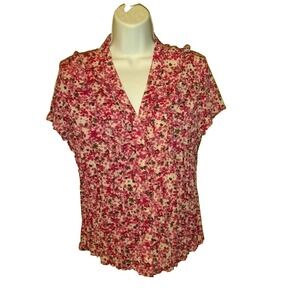 Fred David‎ Button Up Shirt M petite Women's Pink Crinkle Pleated short Sleeve